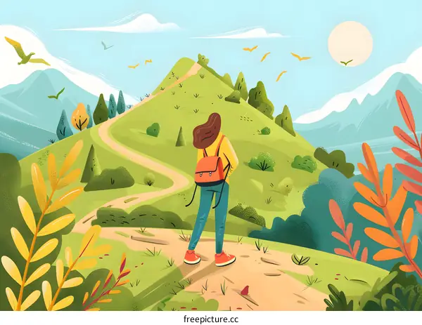 Woman Looking at Mountain Path and Landscape
