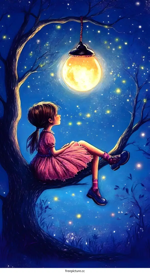 Girl Sitting on a Branch Looking at the Moon
