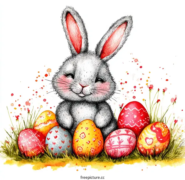 Cute Easter Bunny with Colorful Eggs
