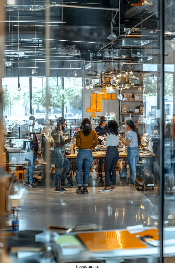 Modern Office Meeting Room with Glass Wall and Diverse Group of People