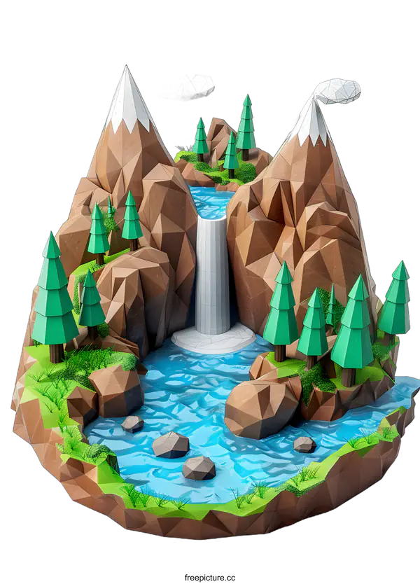 [Transparent Background PNG]Low Poly Mountain Scene with Waterfall and Forest
