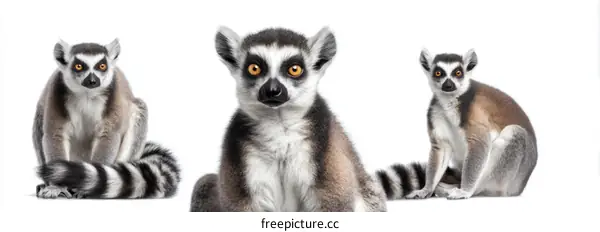 Three Ring-tailed Lemurs on White Background