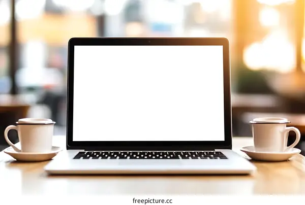 Laptop on Table in Cafe Setting with Coffee