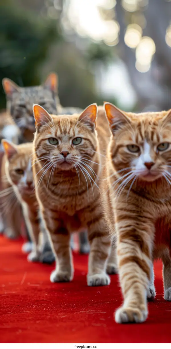 A group of cats walking on a red carpet
