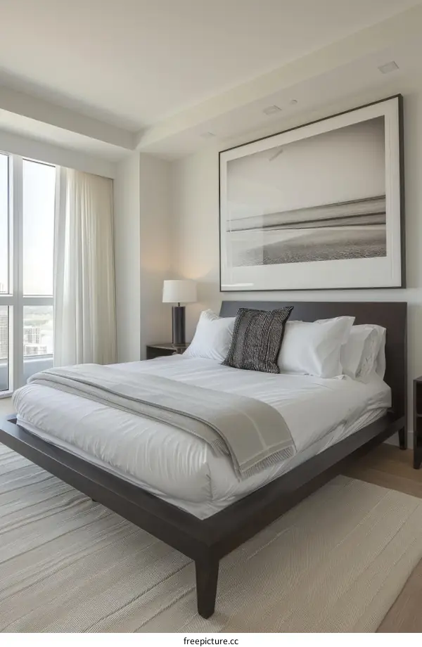 Modern Minimalist Bedroom With Large Windows And White Bedding