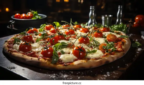 A delicious pizza with fresh tomatoes, basil, and mozzarella cheese