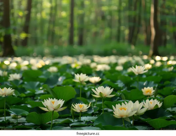 White water lilies in a pond surrounded by a forest