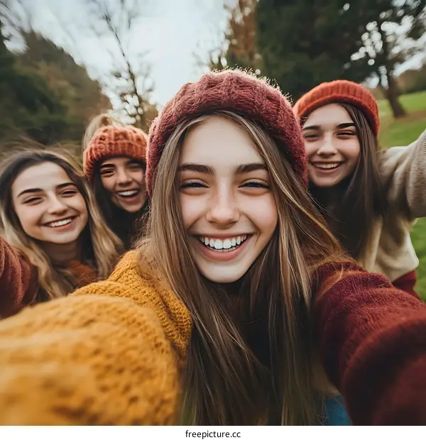 Smiling Friends Taking Selfie In Autumn