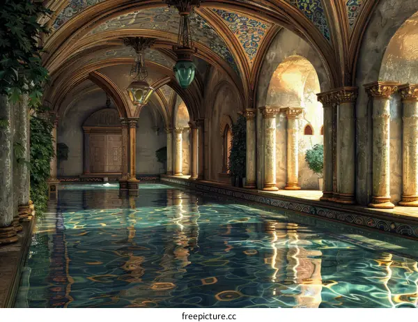 Ornate Indoor Swimming Pool with Classic Columns and Tiled Floor