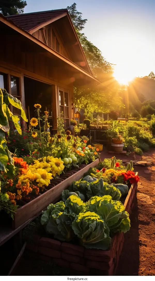 A beautiful garden with a variety of flowers and vegetables