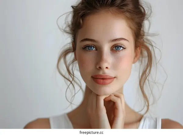 Portrait of a Young Woman with Freckles and Blue Eyes