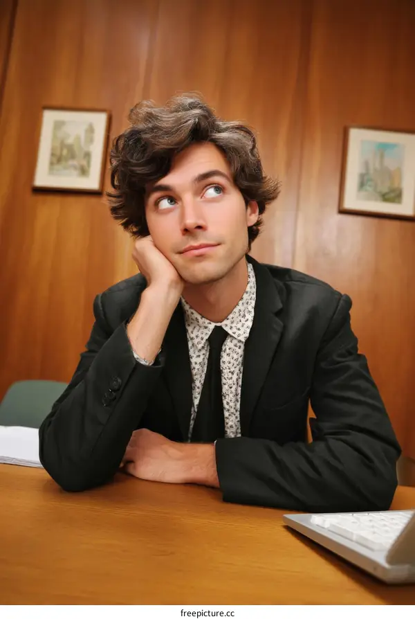 Caucasian Man Thinking at Desk