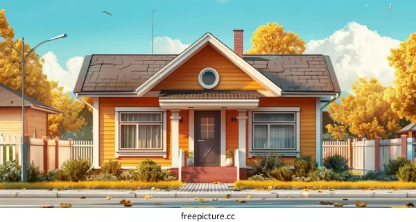 Small cozy house with yellow walls and a small garden