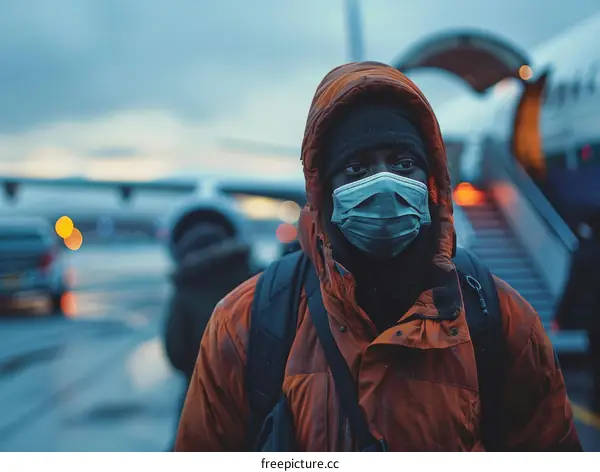 A young African man wearing a mask stands in front of an airplane