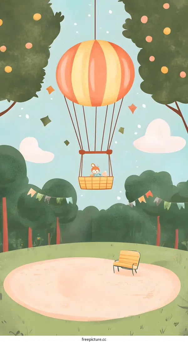 Cute Bunny Flying in Hot Air Balloon in the Sky