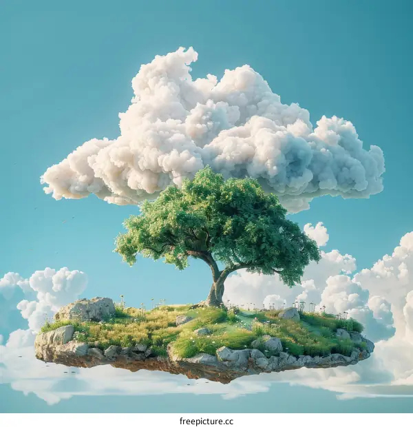 Floating Island Paradise with Tree and Clouds
