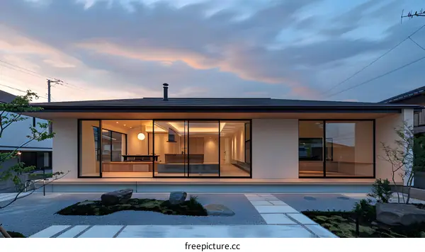 Modern Japanese House with Glass Wall and Stone Garden