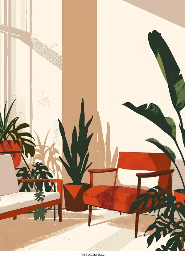 Minimalist Living Room with Red Armchair and Plants
