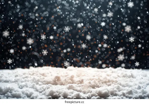 Winter Snowflakes Falling on Snow Covered Ground with Bokeh Lights in the Background