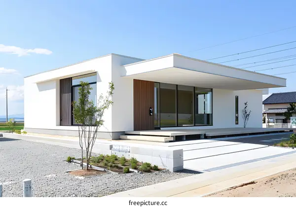 Modern White House with Large Windows and Stone Patio