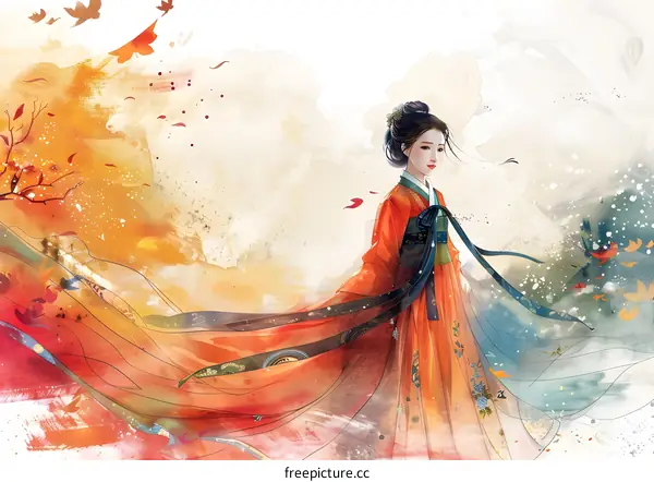 A beautiful Chinese woman in a red dress is standing in a field of flowers.