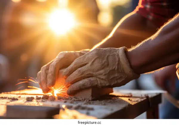 Gloved hands working with a brick at sunset