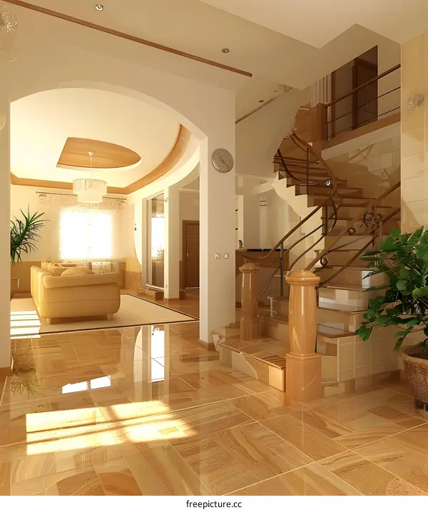 Modern Interior Design with Curved Ceiling and Wooden Stairs