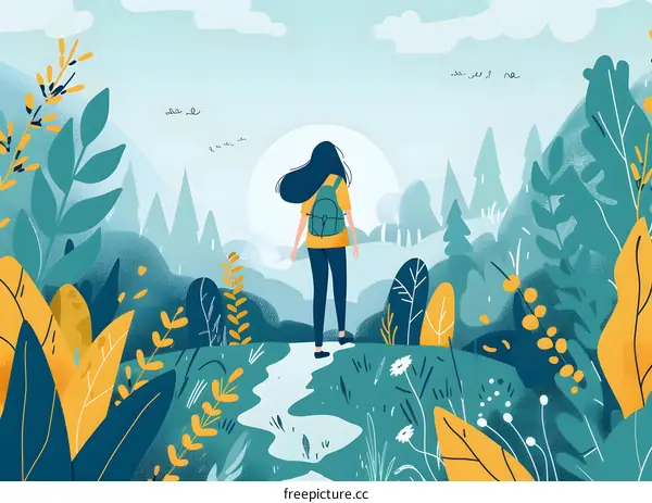 Woman with Backpack Standing on a Path in a Forest Illustration