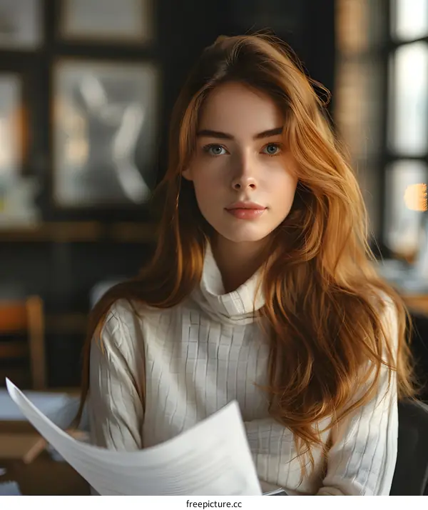 Portrait of a beautiful young woman with long red hair wearing a white turtleneck sweater