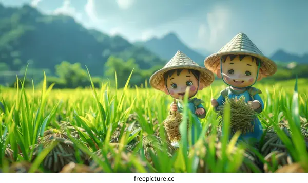 Two young farmers in a lush green rice field