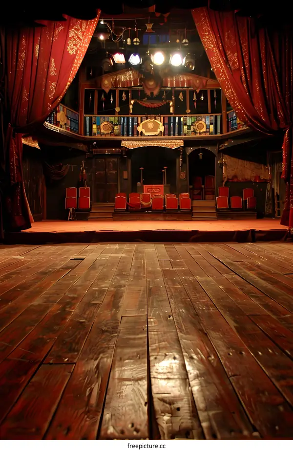Empty Stage with Red Curtains and Wooden Floor