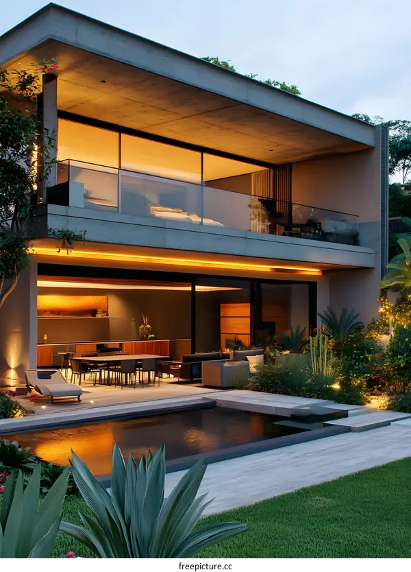 Modern House With Swimming Pool And Garden In Twilight