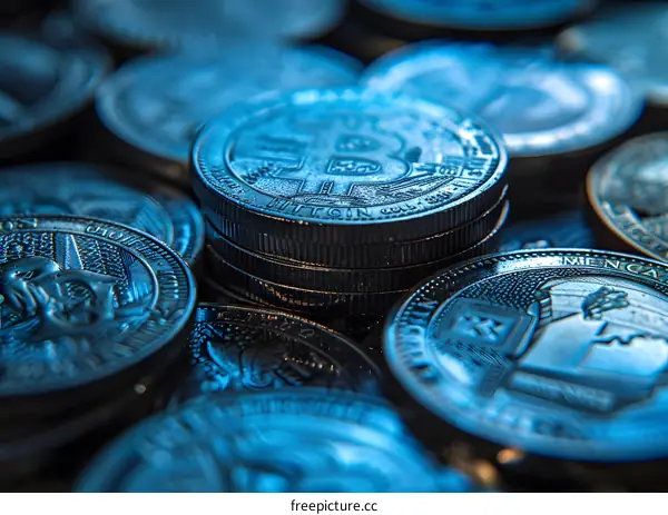 Stack of Cryptocurrency Coins in Blue Light