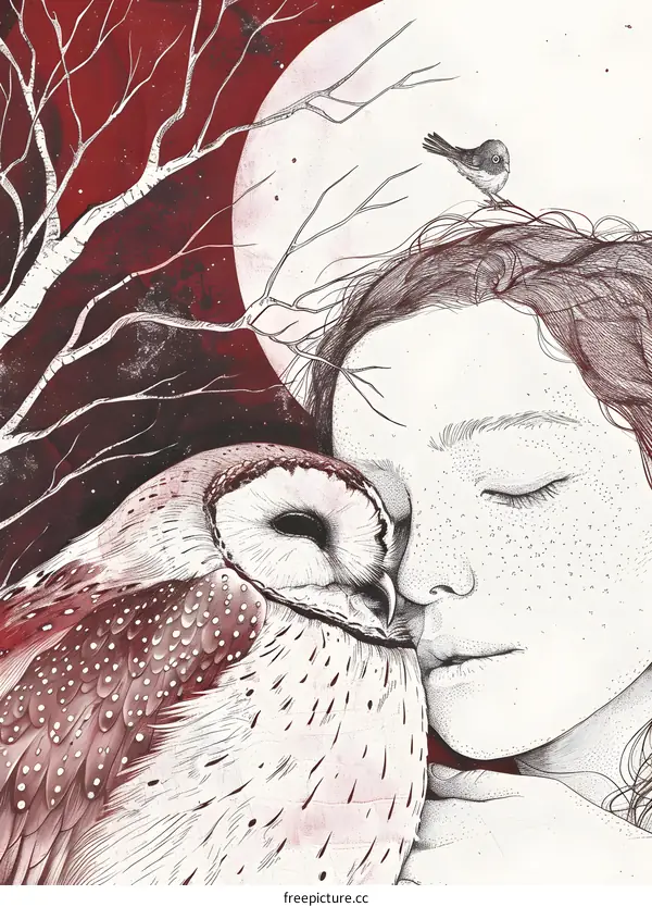 Girl with Owl under Red Moon