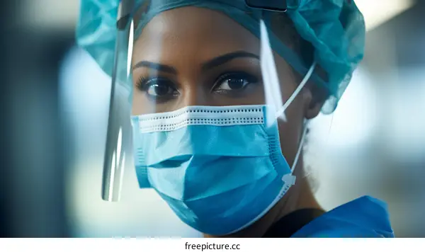 Portrait of a young female doctor wearing a surgical mask and face shield