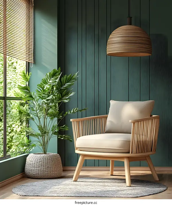 Modern Living Room Interior Design With Green Wall And Wooden Chair