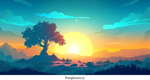 Sunset Landscape with Tree Silhouette