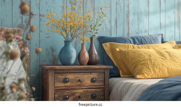 Rustic Bedroom Interior with Mustard Yellow Accents