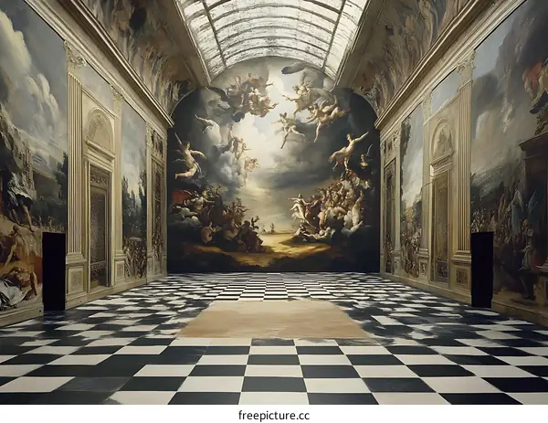 Checkered Floor Interior Room With Large Painting On The Wall