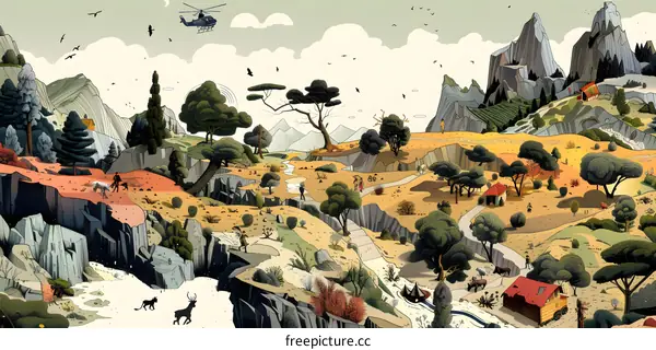 Detailed Landscape Illustration with Mountain Range and People