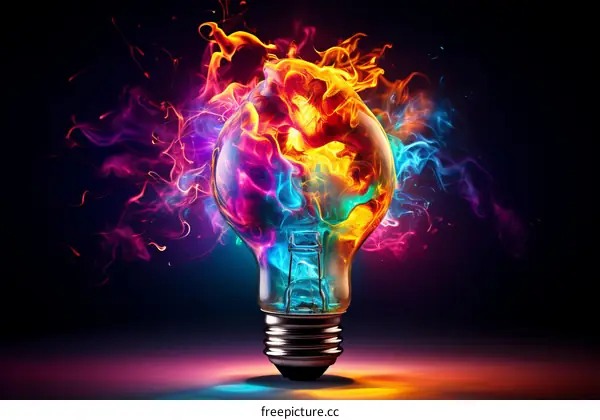 Light bulb with colorful flames coming out of it