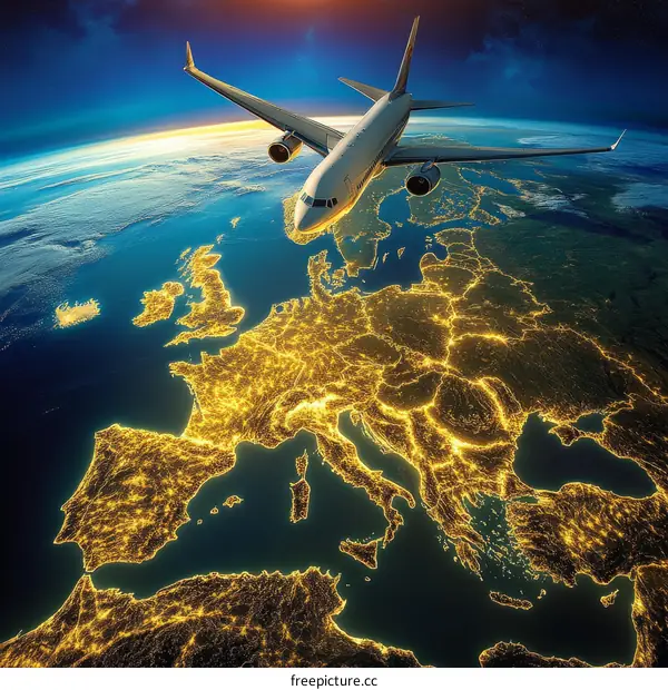 Europe Night View with Airplane Illustration