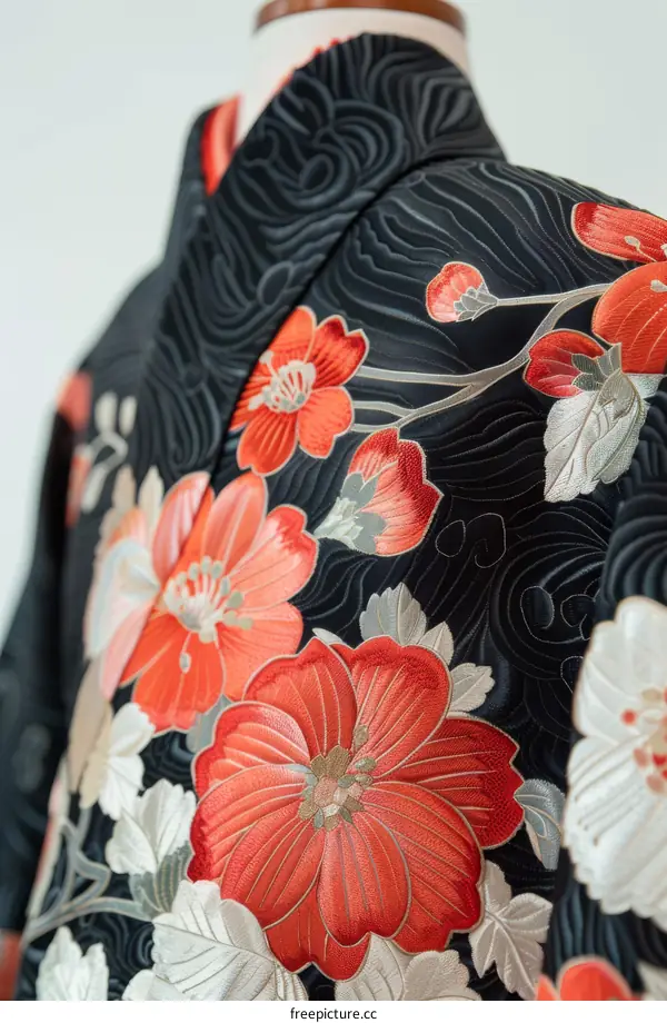 A kimono with a pattern of red and white flowers.