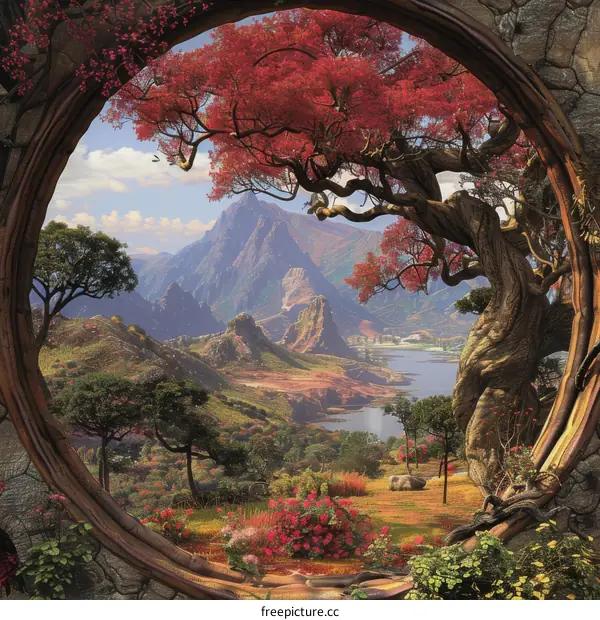 Fantasy landscape painting with a large tree in the foreground and mountains in the background