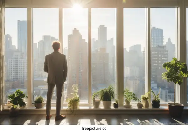 A man standing in front of a window looking at the city