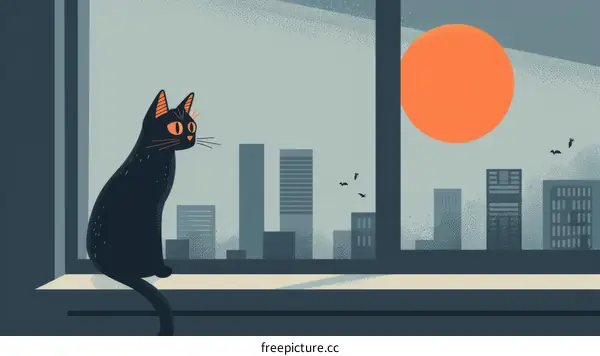 A black cat is sitting on the windowsill, looking out at the city.