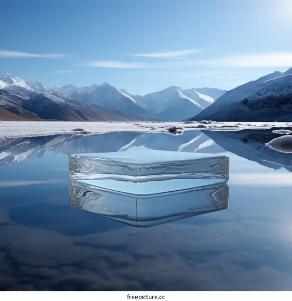 3D rendering of a glass platform floating on a frozen lake in the mountains