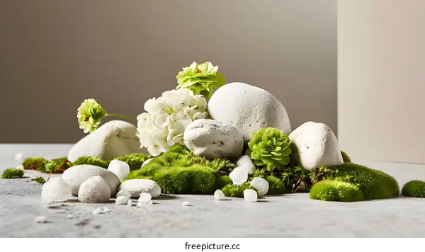 White Stones and Green Moss with Flowers