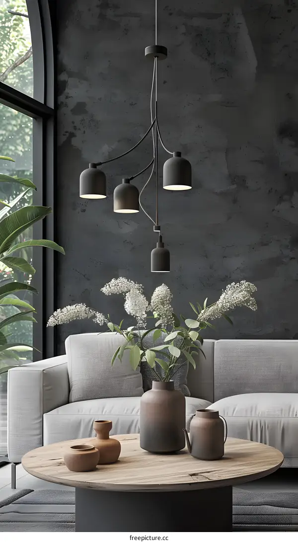 Modern Interior Design with Black Chandelier and Grey Sofa