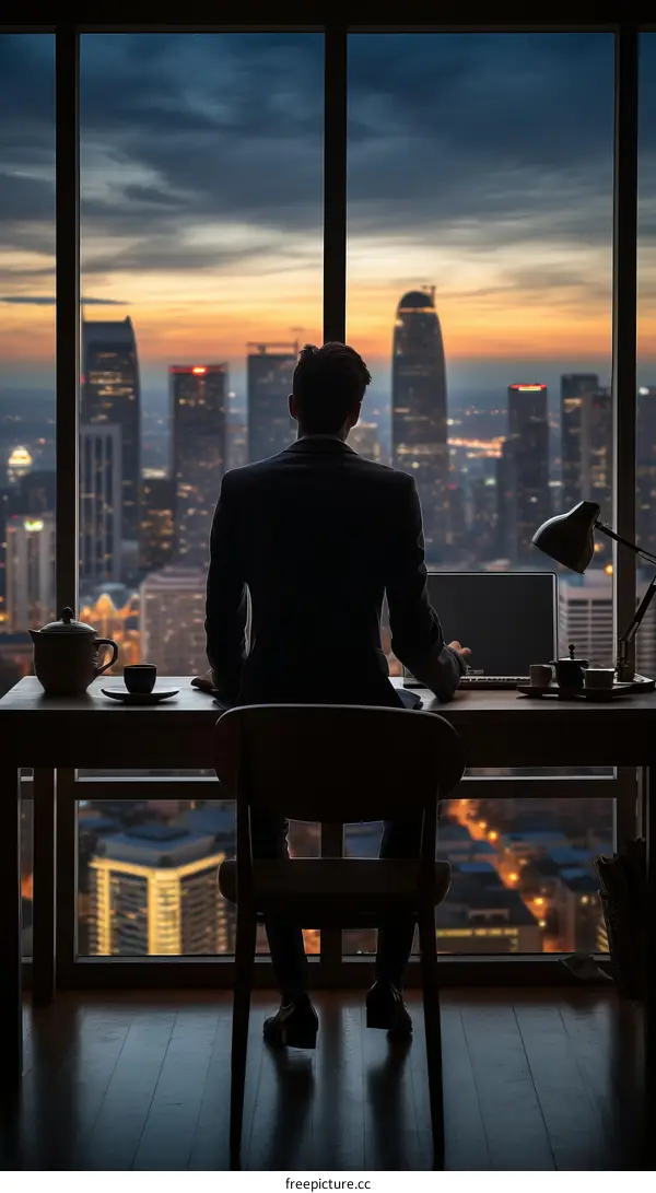 Businessman looking out at the city skyline from his office window at sunset
